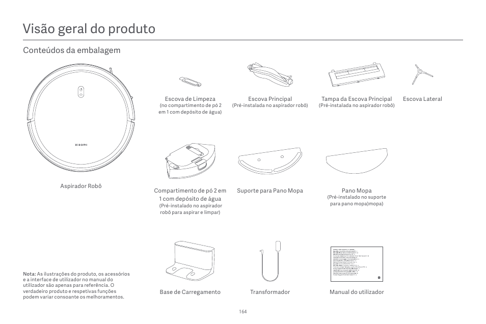 Visão geral do produto, Conteúdos da embalagem | Xiaomi Robot Vacuum E10 User Manual | Page 165 / 438