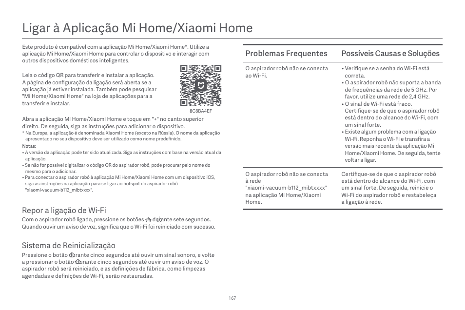 Ligar à aplicação mi home/xiaomi home, Problemas frequentes possíveis causas e soluções, Sistema de reinicialização | Repor a ligação de wi-fi | Xiaomi Robot Vacuum E10 User Manual | Page 168 / 438