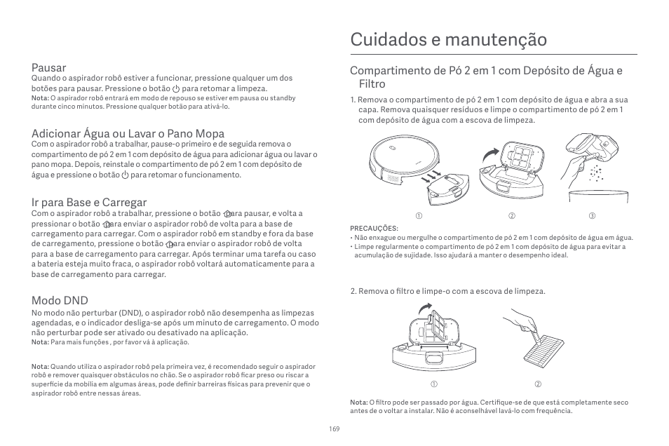 Cuidados e manutenção, Pausar, Adicionar água ou lavar o pano mopa | Ir para base e carregar, Modo dnd | Xiaomi Robot Vacuum E10 User Manual | Page 170 / 438