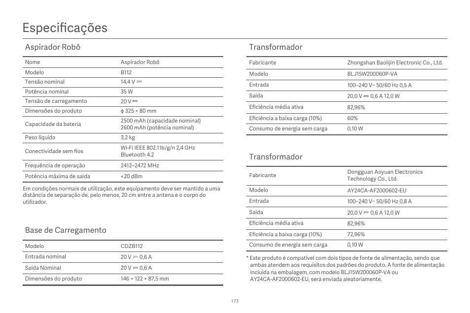 Especificações, Aspirador robô, Base de carregamento | Transformador | Xiaomi Robot Vacuum E10 User Manual | Page 174 / 438