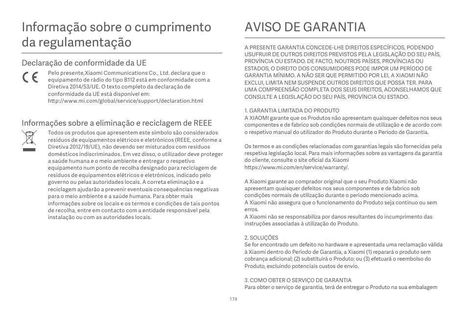 Aviso de garantia, Informação sobre o cumprimento da regulamentação, Declaração de conformidade da ue | Xiaomi Robot Vacuum E10 User Manual | Page 175 / 438