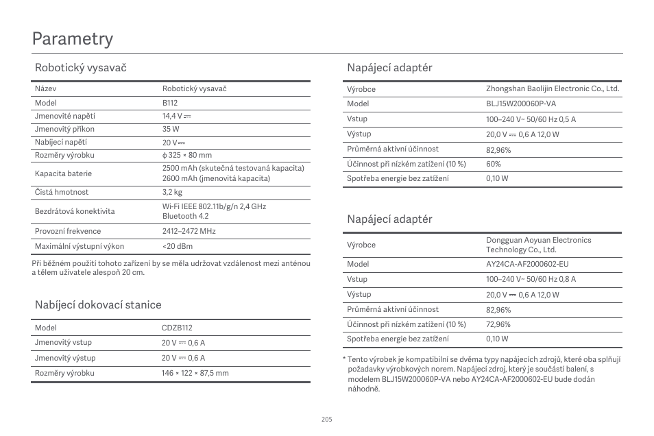 Parametry, Robotický vysavač, Nabíjecí dokovací stanice | Napájecí adaptér | Xiaomi Robot Vacuum E10 User Manual | Page 206 / 438