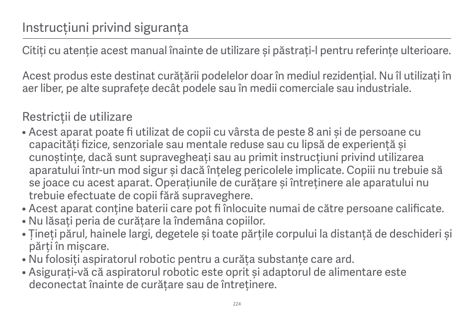 Instrucțiuni privind siguranța | Xiaomi Robot Vacuum E10 User Manual | Page 225 / 438