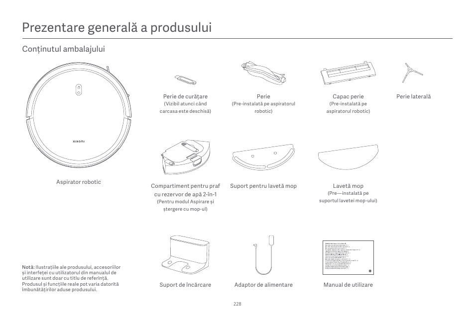 Prezentare generală a produsului, Conținutul ambalajului | Xiaomi Robot Vacuum E10 User Manual | Page 229 / 438