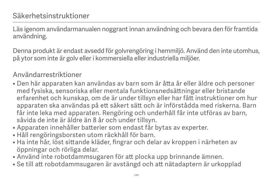 Säkerhetsinstruktioner | Xiaomi Robot Vacuum E10 User Manual | Page 241 / 438