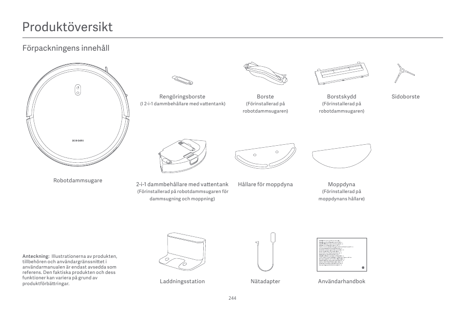 Produktöversikt, Förpackningens innehåll | Xiaomi Robot Vacuum E10 User Manual | Page 245 / 438