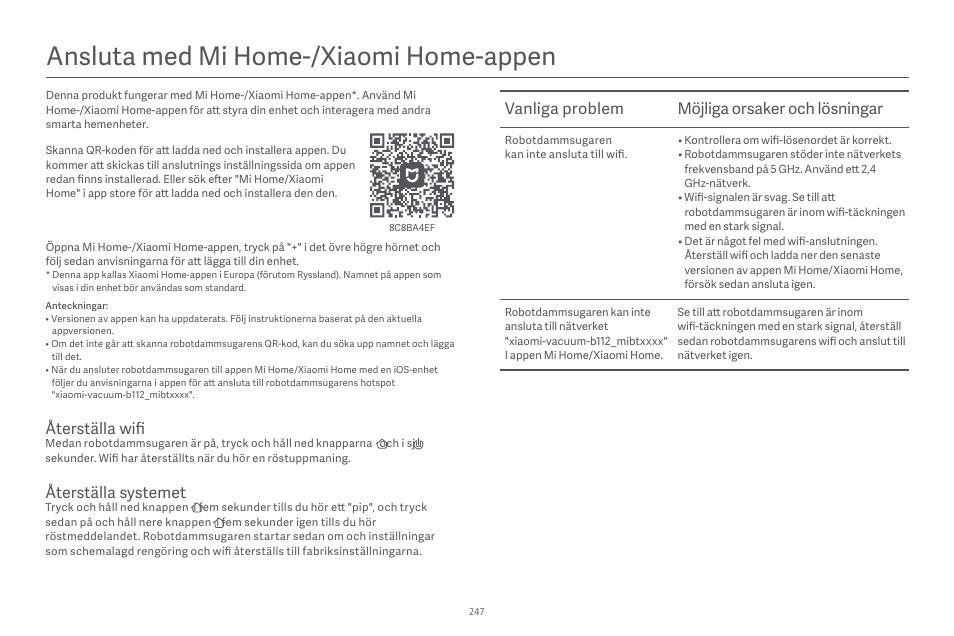 Ansluta med mi home-/xiaomi home-appen, Vanliga problem möjliga orsaker och lösningar, Återställa systemet | Återställa wifi | Xiaomi Robot Vacuum E10 User Manual | Page 248 / 438