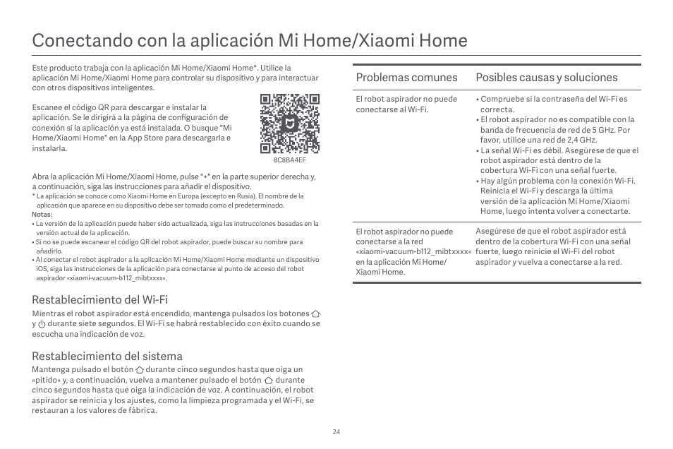 Conectando con la aplicación mi home/xiaomi home, Problemas comunes posibles causas y soluciones, Restablecimiento del sistema | Restablecimiento del wi-fi | Xiaomi Robot Vacuum E10 User Manual | Page 25 / 438