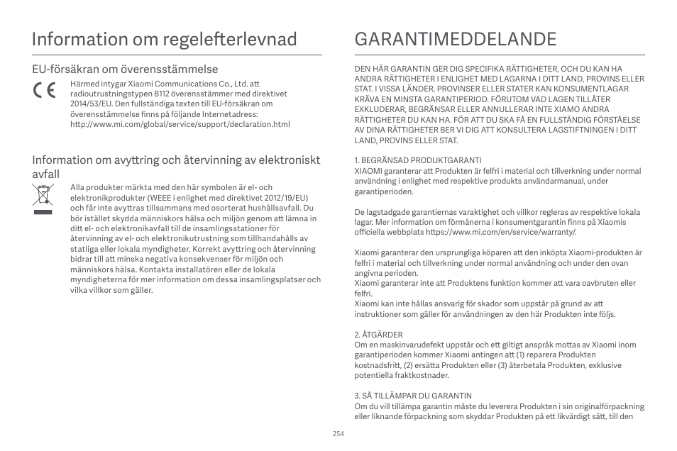Garantimeddelande, Information om regelefterlevnad, Eu-försäkran om överensstämmelse | Xiaomi Robot Vacuum E10 User Manual | Page 255 / 438