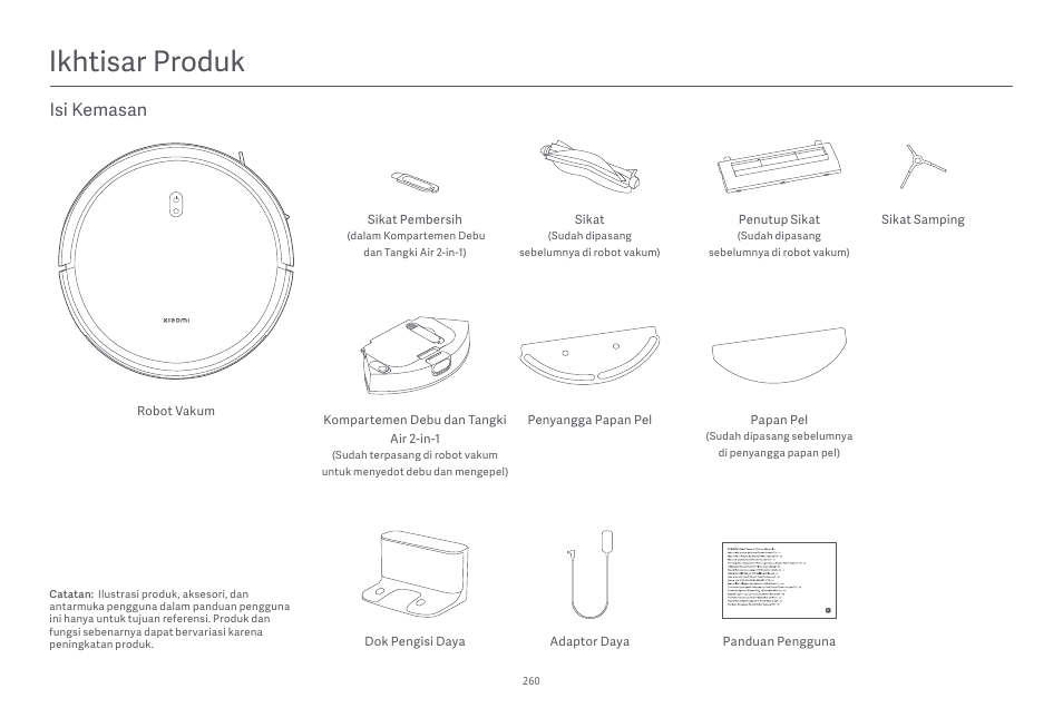 Ikhtisar produk, Isi kemasan | Xiaomi Robot Vacuum E10 User Manual | Page 261 / 438