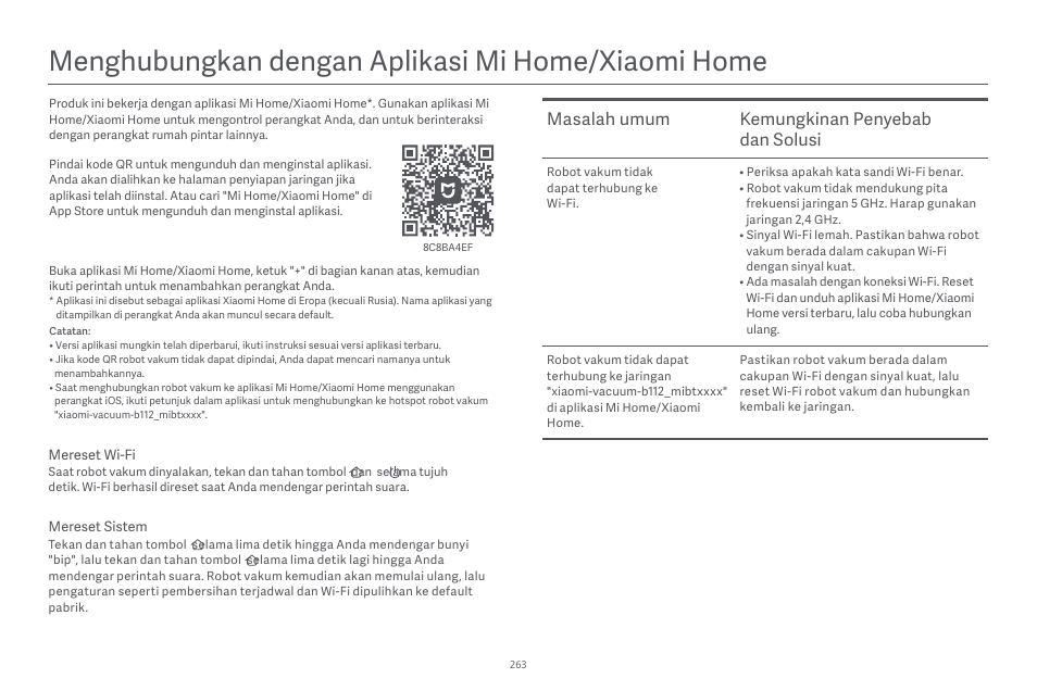 Menghubungkan dengan aplikasi mi home/xiaomi home, Masalah umum kemungkinan penyebab dan solusi | Xiaomi Robot Vacuum E10 User Manual | Page 264 / 438