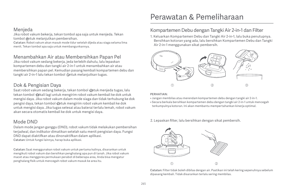 Perawatan & pemeliharaan, Menjeda, Menambahkan air atau membersihkan papan pel | Dok & pengisian daya, Mode dnd | Xiaomi Robot Vacuum E10 User Manual | Page 266 / 438