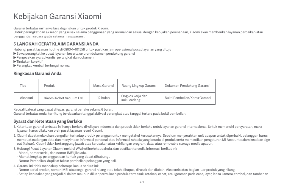 Kebĳakan garansi xiaomi | Xiaomi Robot Vacuum E10 User Manual | Page 272 / 438