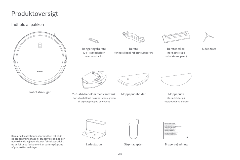 Produktoversigt, Indhold af pakken | Xiaomi Robot Vacuum E10 User Manual | Page 281 / 438