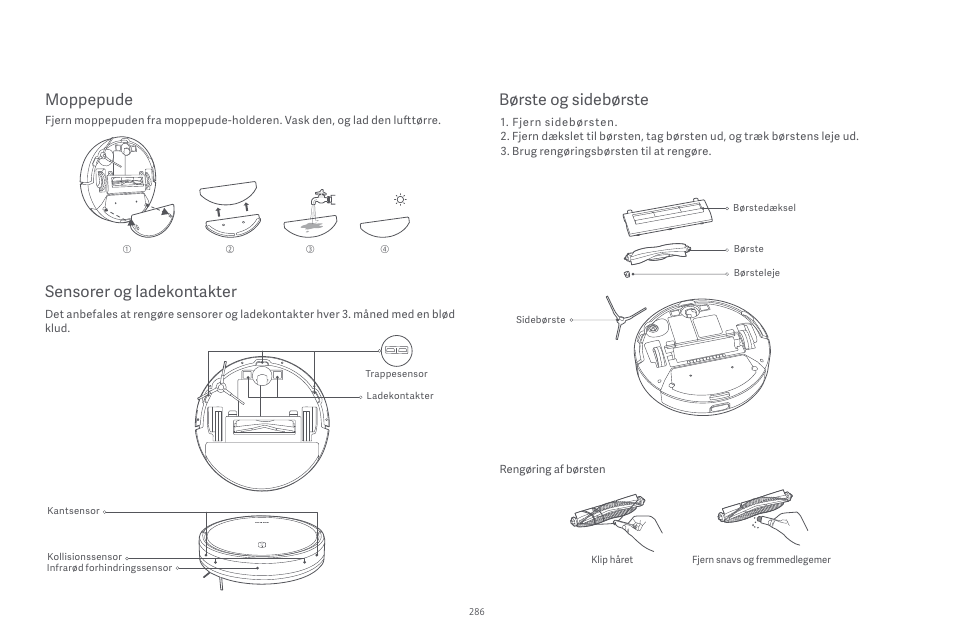 Sensorer og ladekontakter, Moppepude, Børste og sidebørste | Xiaomi Robot Vacuum E10 User Manual | Page 287 / 438