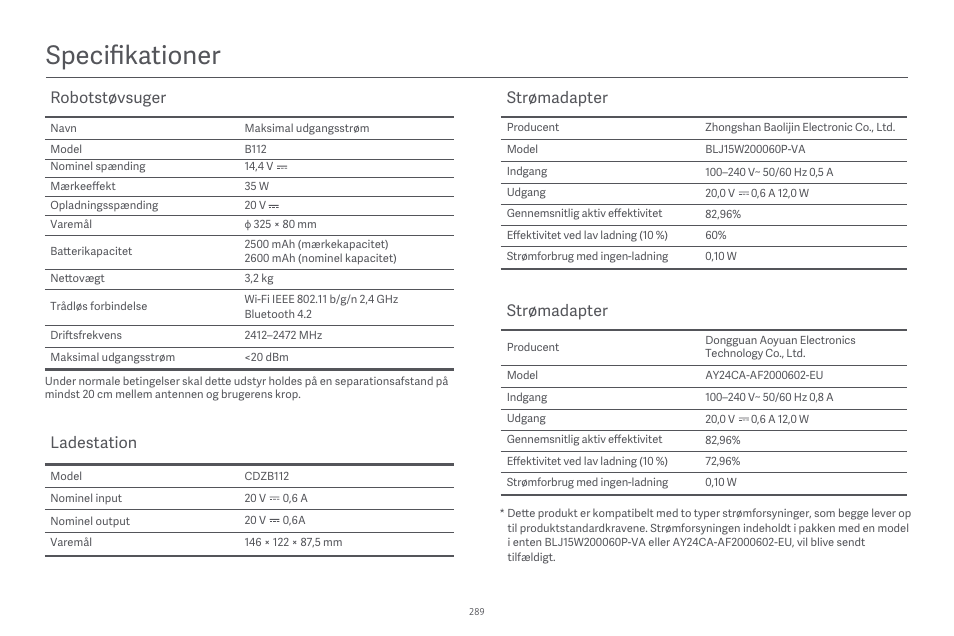 Specifikationer, Robotstøvsuger, Ladestation | Strømadapter | Xiaomi Robot Vacuum E10 User Manual | Page 290 / 438