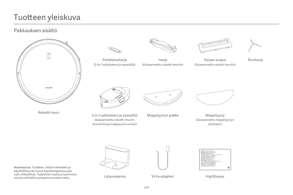 Tuotteen yleiskuva, Pakkauksen sisältö | Xiaomi Robot Vacuum E10 User Manual | Page 295 / 438