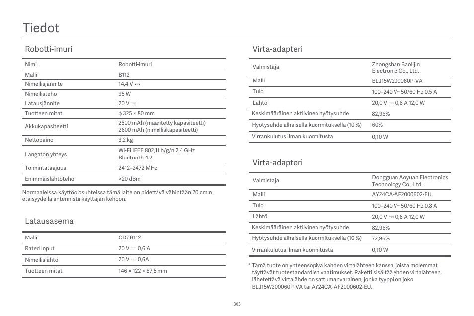 Tiedot, Robotti-imuri, Latausasema | Virta-adapteri | Xiaomi Robot Vacuum E10 User Manual | Page 304 / 438
