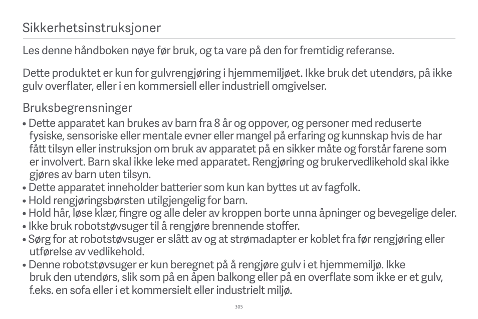 Sikkerhetsinstruksjoner | Xiaomi Robot Vacuum E10 User Manual | Page 306 / 438