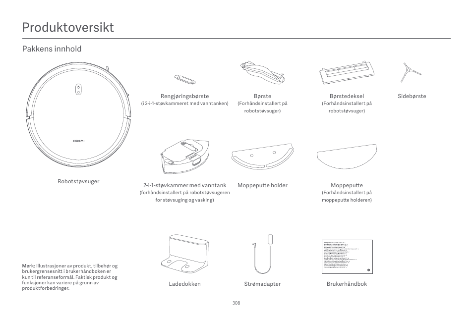 Produktoversikt, Pakkens innhold | Xiaomi Robot Vacuum E10 User Manual | Page 309 / 438