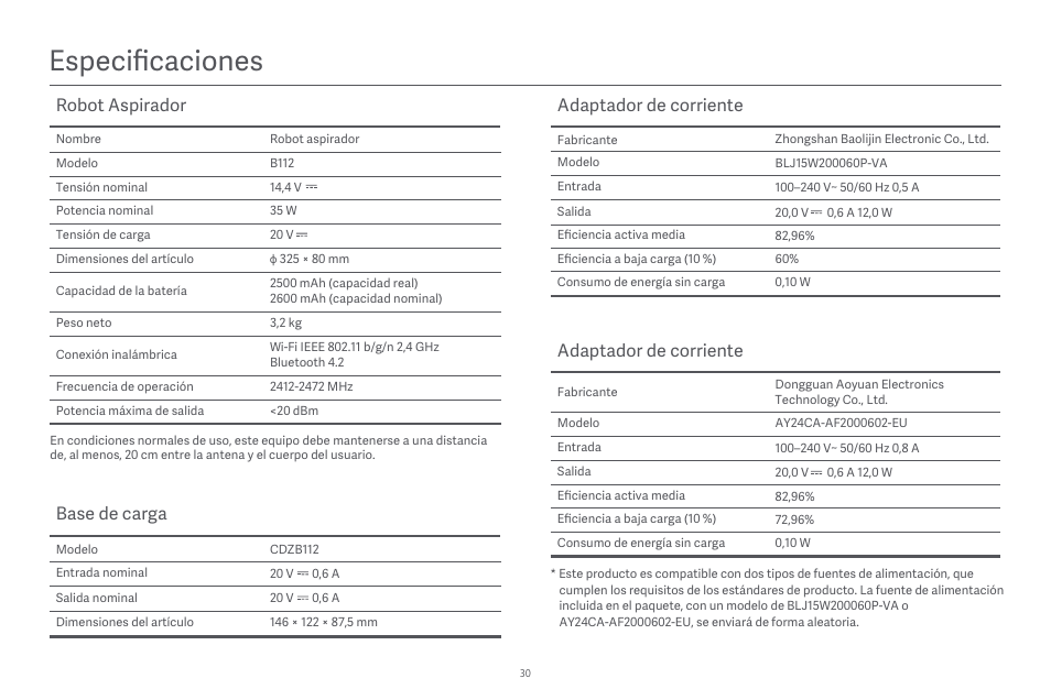 Especificaciones, Robot aspirador, Base de carga | Adaptador de corriente | Xiaomi Robot Vacuum E10 User Manual | Page 31 / 438