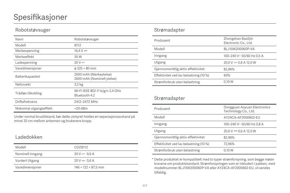 Spesifikasjoner, Robotstøvsuger, Ladedokken | Strømadapter | Xiaomi Robot Vacuum E10 User Manual | Page 318 / 438