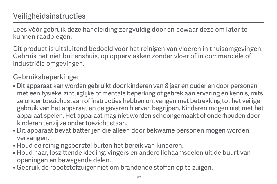 Veiligheidsinstructies | Xiaomi Robot Vacuum E10 User Manual | Page 320 / 438