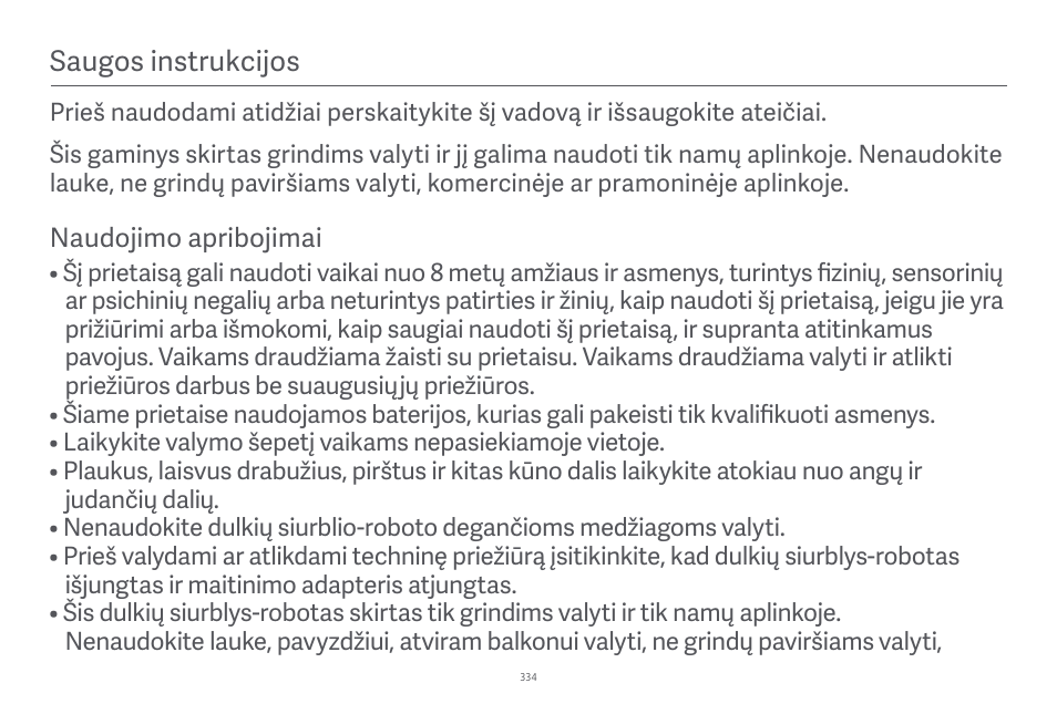 Saugos instrukcĳos | Xiaomi Robot Vacuum E10 User Manual | Page 335 / 438
