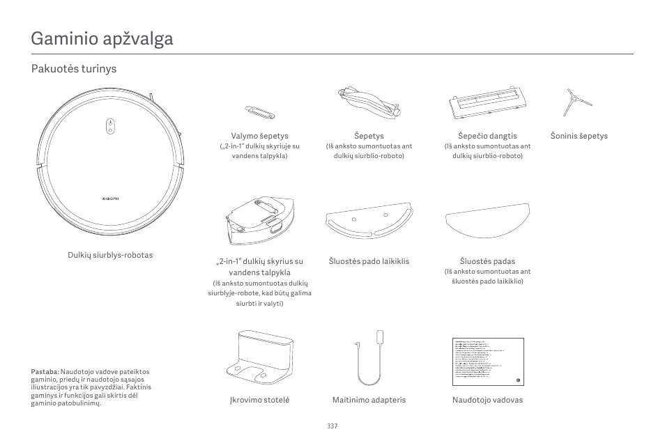 Gaminio apžvalga, Pakuotės turinys | Xiaomi Robot Vacuum E10 User Manual | Page 338 / 438