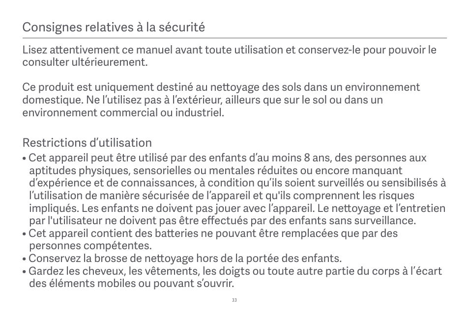 Consignes relatives à la sécurité | Xiaomi Robot Vacuum E10 User Manual | Page 34 / 438