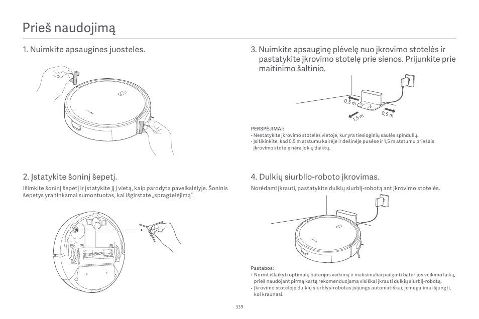 Prieš naudojimą, Įstatykite šoninį šepetį | Xiaomi Robot Vacuum E10 User Manual | Page 340 / 438