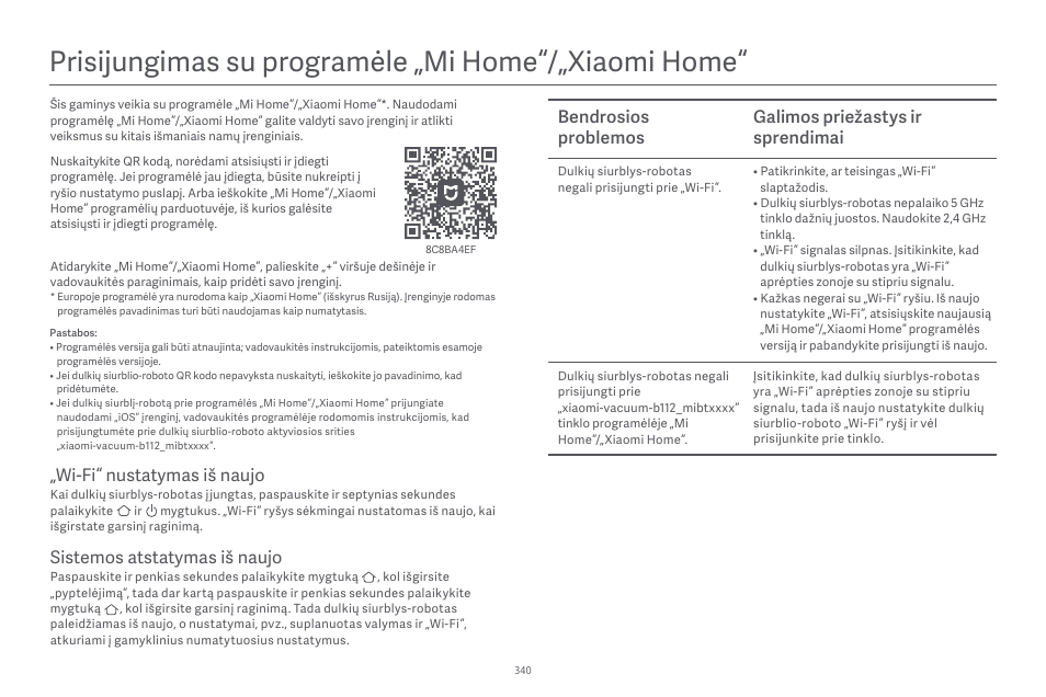 Prisĳungimas su programėle „mi home“/„xiaomi home, Sistemos atstatymas iš naujo, Wi-fi“ nustatymas iš naujo | Xiaomi Robot Vacuum E10 User Manual | Page 341 / 438