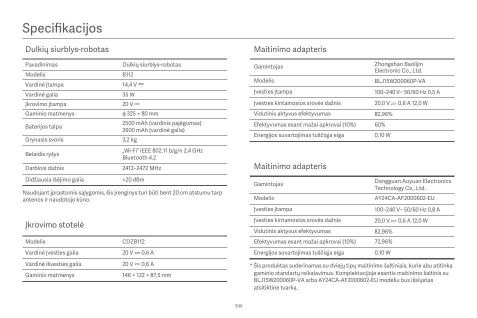 Specifikacĳos, Dulkių siurblys-robotas, Įkrovimo stotelė | Maitinimo adapteris | Xiaomi Robot Vacuum E10 User Manual | Page 347 / 438