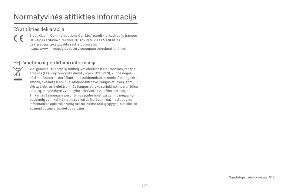 Normatyvinės atitikties informacĳa, Es atitikties deklaracĳa, Eeį išmetimo ir perdirbimo informacĳa | Xiaomi Robot Vacuum E10 User Manual | Page 348 / 438