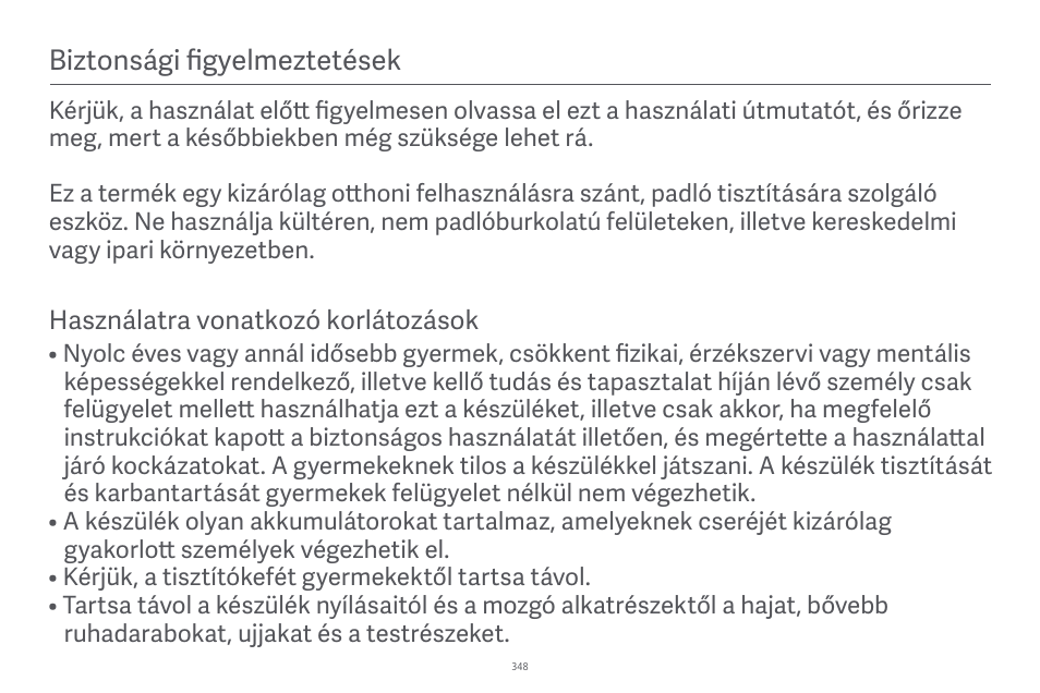 Biztonsági figyelmeztetések | Xiaomi Robot Vacuum E10 User Manual | Page 349 / 438