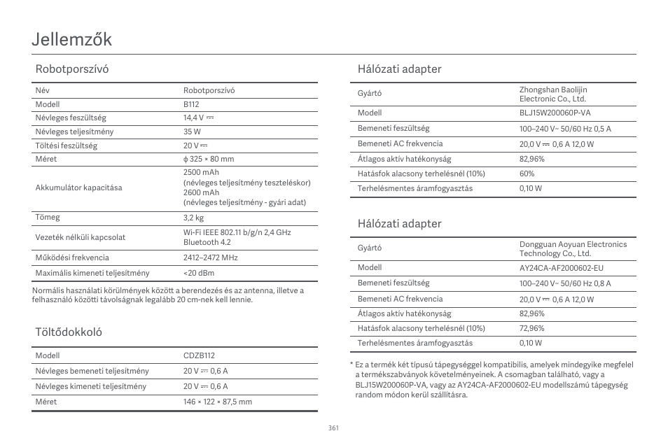 Jellemzők, Robotporszívó, Töltődokkoló | Hálózati adapter | Xiaomi Robot Vacuum E10 User Manual | Page 362 / 438