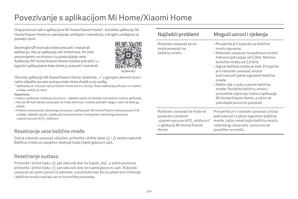 Povezivanje s aplikacĳom mi home/xiaomi home, Najčešći problemi mogući uzroci i rješenja, Resetiranje sustava | Resetiranje veze bežične mreže | Xiaomi Robot Vacuum E10 User Manual | Page 370 / 438