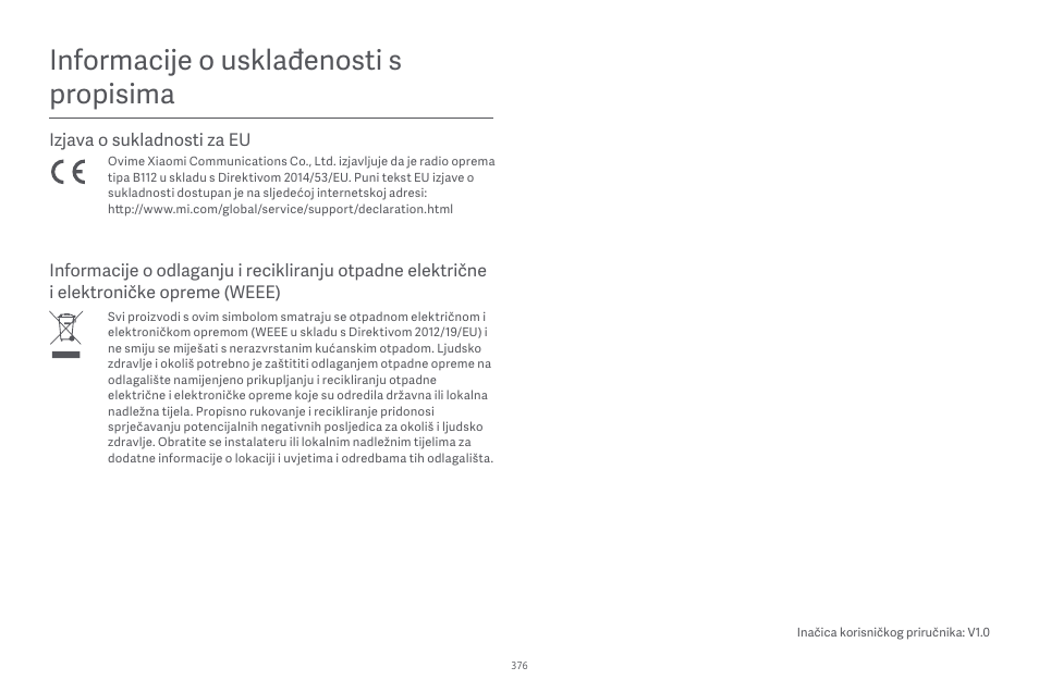Informacĳe o usklađenosti s propisima, Izjava o sukladnosti za eu | Xiaomi Robot Vacuum E10 User Manual | Page 377 / 438