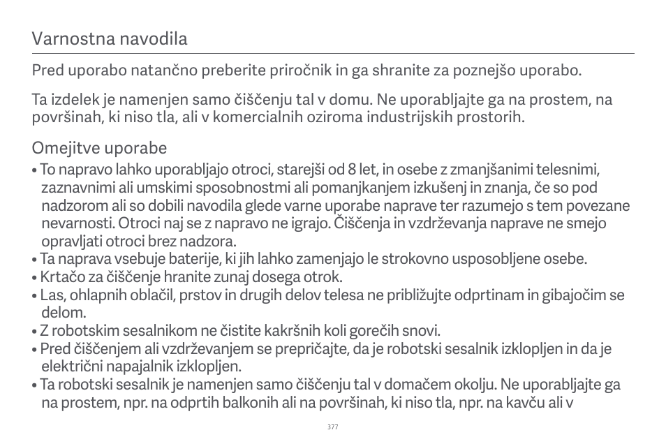 Varnostna navodila | Xiaomi Robot Vacuum E10 User Manual | Page 378 / 438