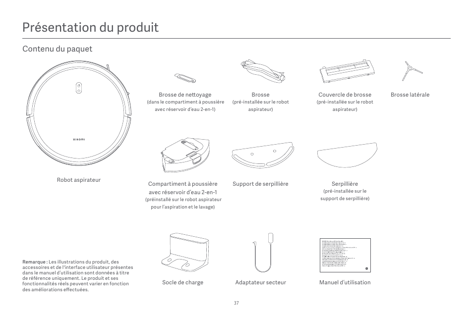 Présentation du produit, Contenu du paquet | Xiaomi Robot Vacuum E10 User Manual | Page 38 / 438