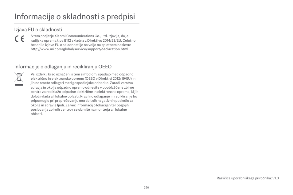 Informacĳe o skladnosti s predpisi, Izjava eu o skladnosti, Informacĳe o odlaganju in recikliranju oeeo | Xiaomi Robot Vacuum E10 User Manual | Page 391 / 438