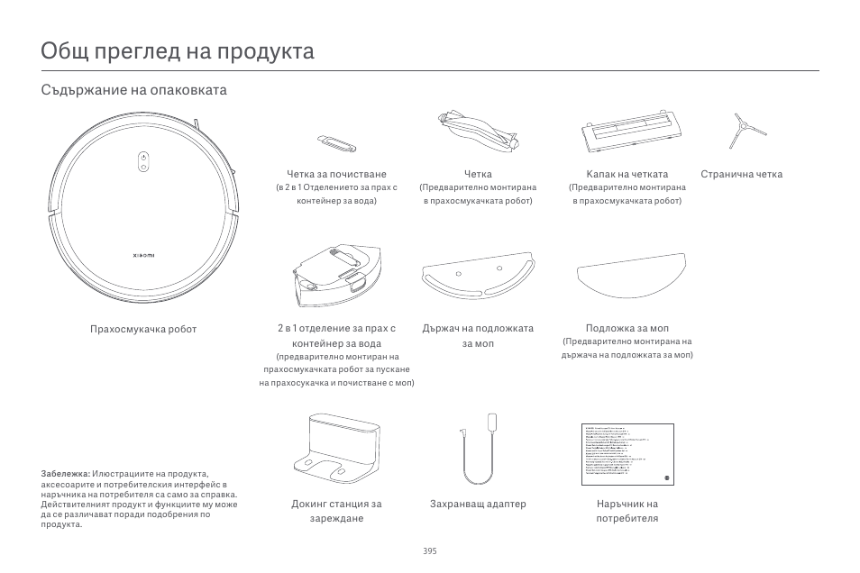 Общ преглед на продукта, Съдържание на опаковката | Xiaomi Robot Vacuum E10 User Manual | Page 396 / 438