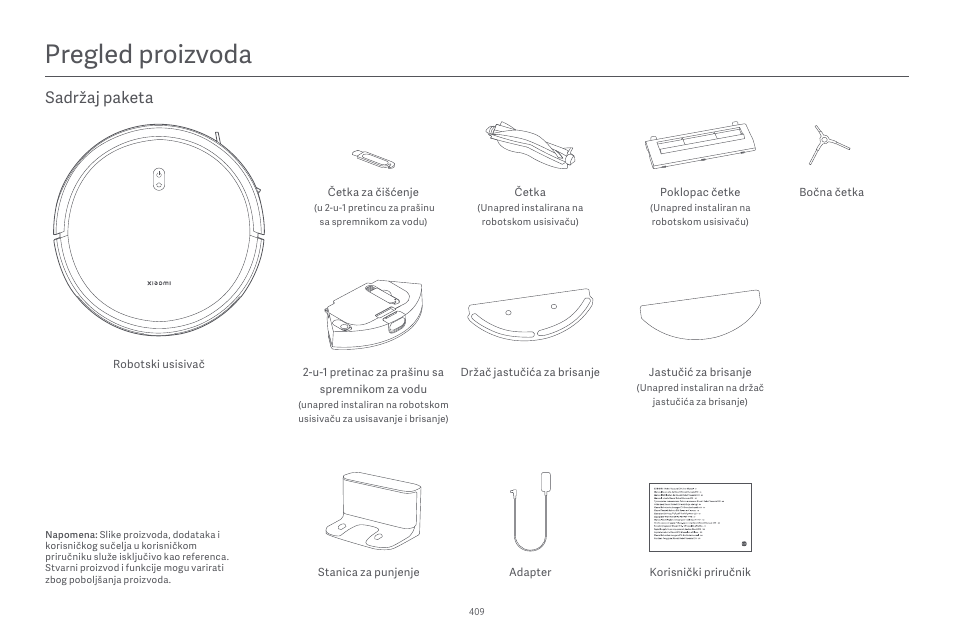 Pregled proizvoda, Sadržaj paketa | Xiaomi Robot Vacuum E10 User Manual | Page 410 / 438