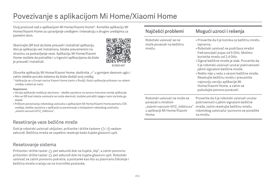 Povezivanje s aplikacĳom mi home/xiaomi home, Najčešći problemi mogući uzroci i rešenja, Resetovanje sistema | Resetiranje veze bežične mreže | Xiaomi Robot Vacuum E10 User Manual | Page 413 / 438