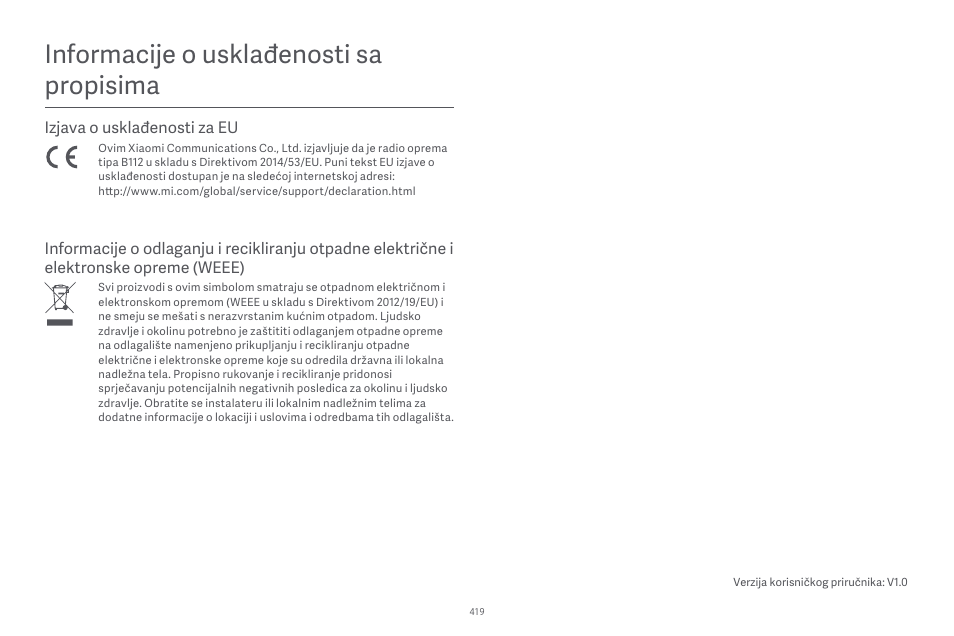 Informacĳe o usklađenosti sa propisima, Izjava o usklađenosti za eu | Xiaomi Robot Vacuum E10 User Manual | Page 420 / 438