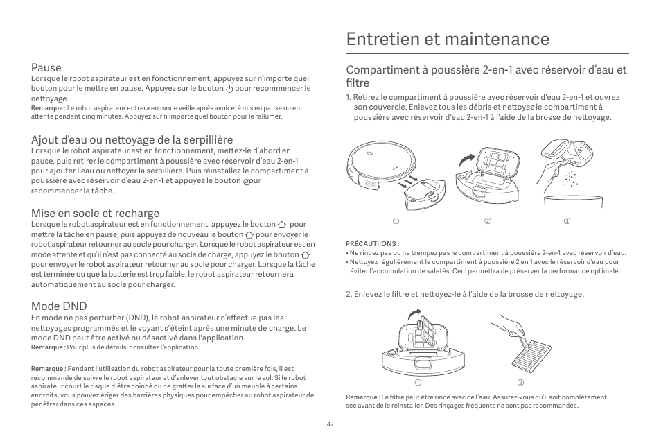 Entretien et maintenance, Pause, Ajout d’eau ou nettoyage de la serpillière | Mise en socle et recharge, Mode dnd | Xiaomi Robot Vacuum E10 User Manual | Page 43 / 438