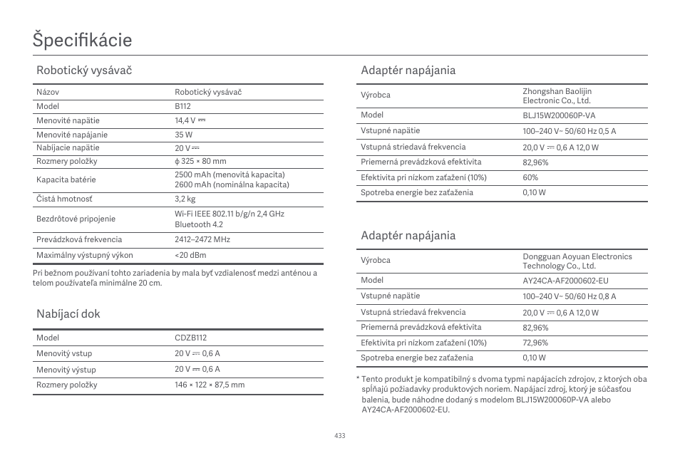 Špecifikácie, Robotický vysávač, Nabíjací dok | Adaptér napájania | Xiaomi Robot Vacuum E10 User Manual | Page 434 / 438