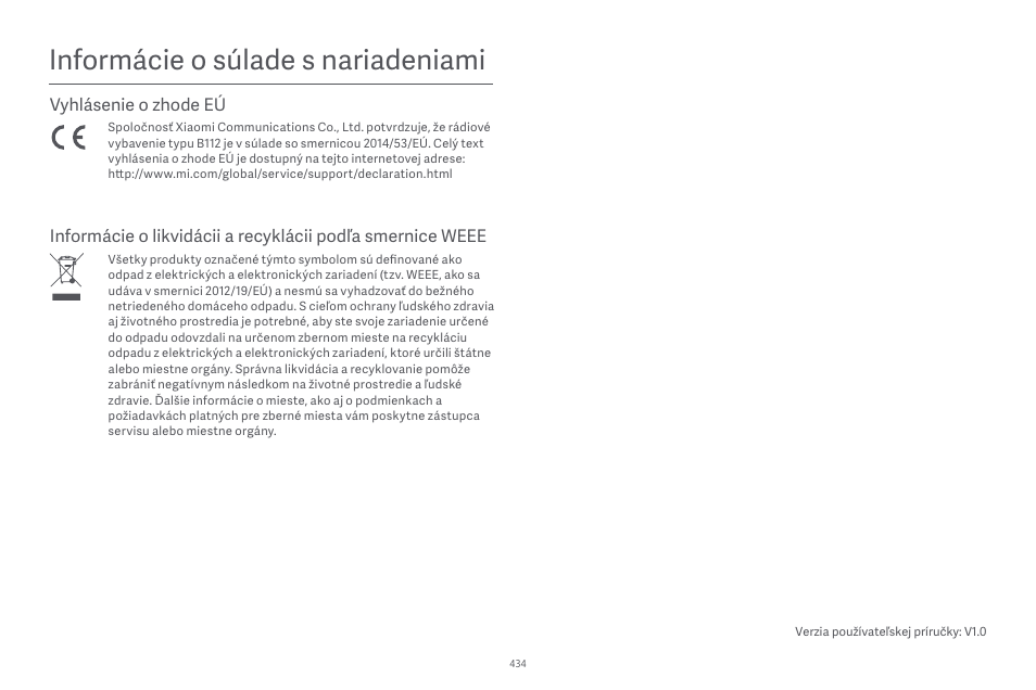 Informácie o súlade s nariadeniami, Vyhlásenie o zhode eú | Xiaomi Robot Vacuum E10 User Manual | Page 435 / 438