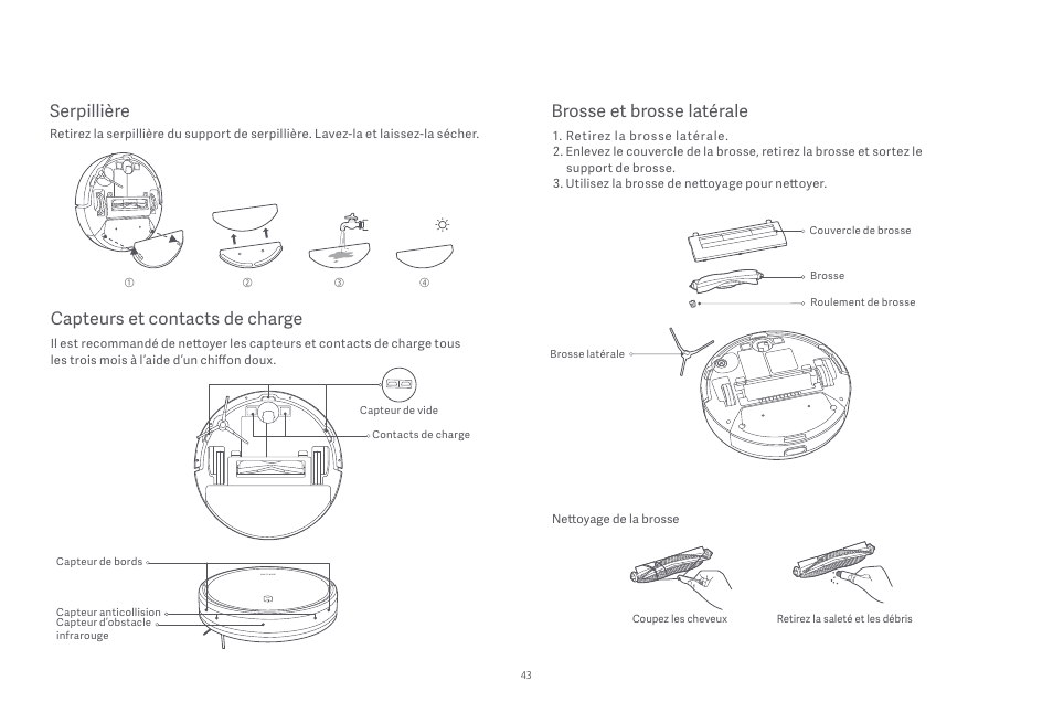 Serpillière, Brosse et brosse latérale, Capteurs et contacts de charge | Xiaomi Robot Vacuum E10 User Manual | Page 44 / 438