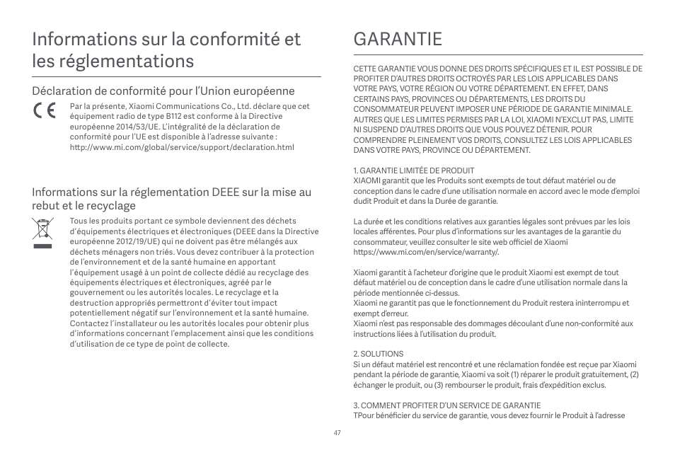 Garantie | Xiaomi Robot Vacuum E10 User Manual | Page 48 / 438